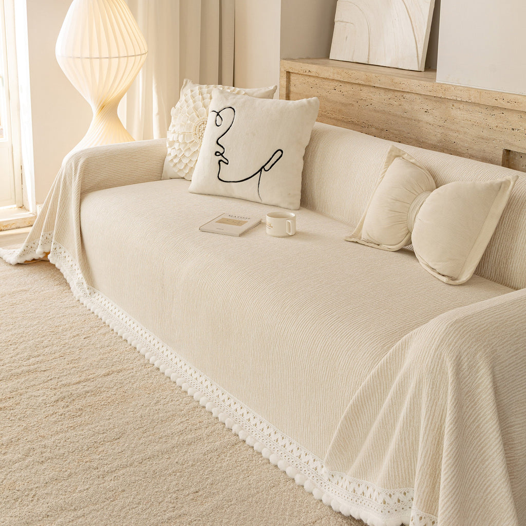 Sofa Cover Throw with Lace Trim & Pom-Pom Fringe, Decorative Couch Cover Blanket