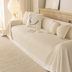Sofa Cover Throw with Lace Trim & Pom-Pom Fringe, Decorative Couch Cover Blanket