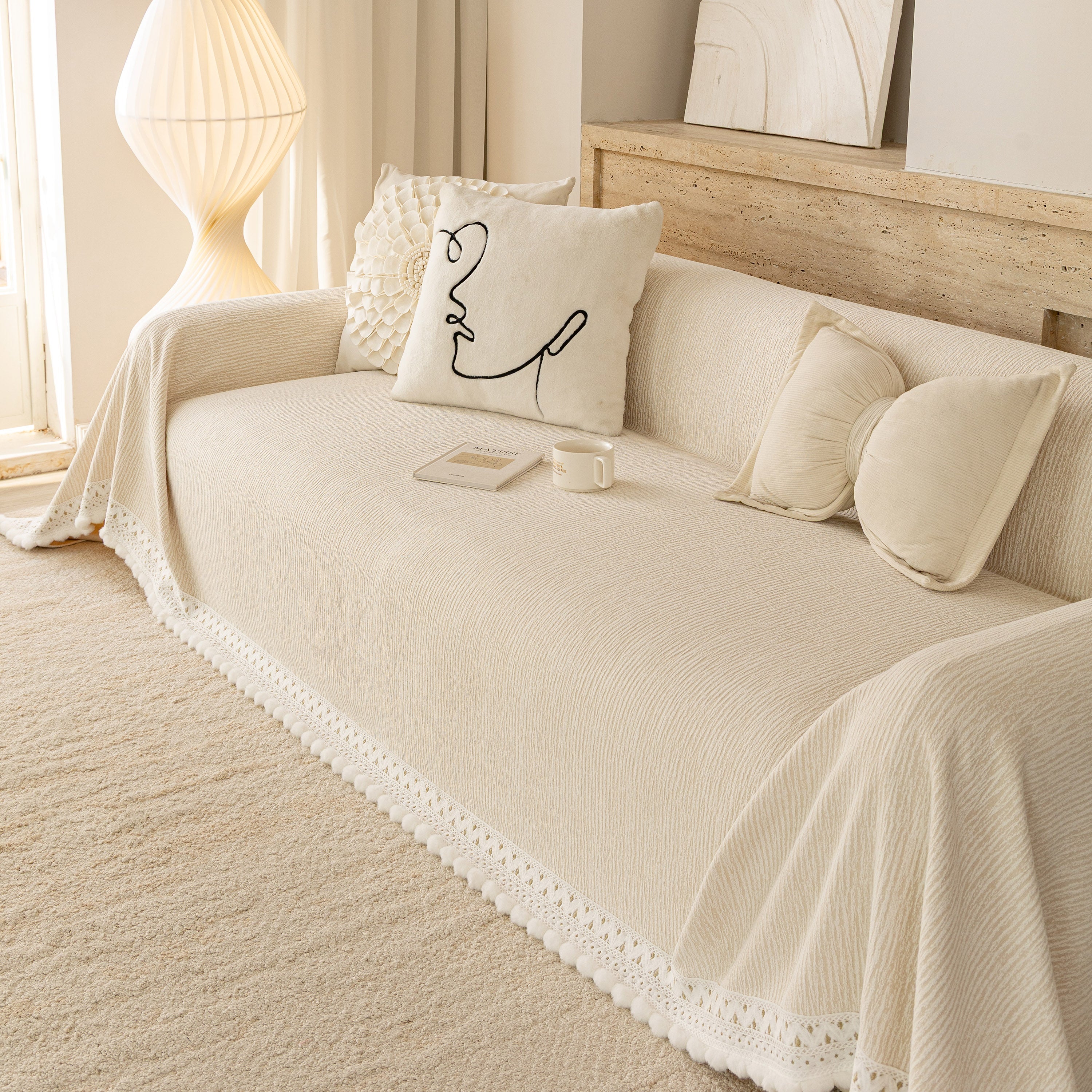 Sofa Cover Throw with Lace Trim & Pom-Pom Fringe, Decorative Couch Cover Blanket