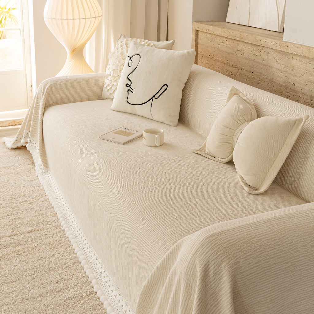 Sofa Cover Throw with Lace Trim & Pom-Pom Fringe, Decorative Couch Cover Blanket