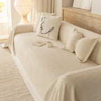 Sofa Cover Throw with Lace Trim & Pom-Pom Fringe, Decorative Couch Cover Blanket