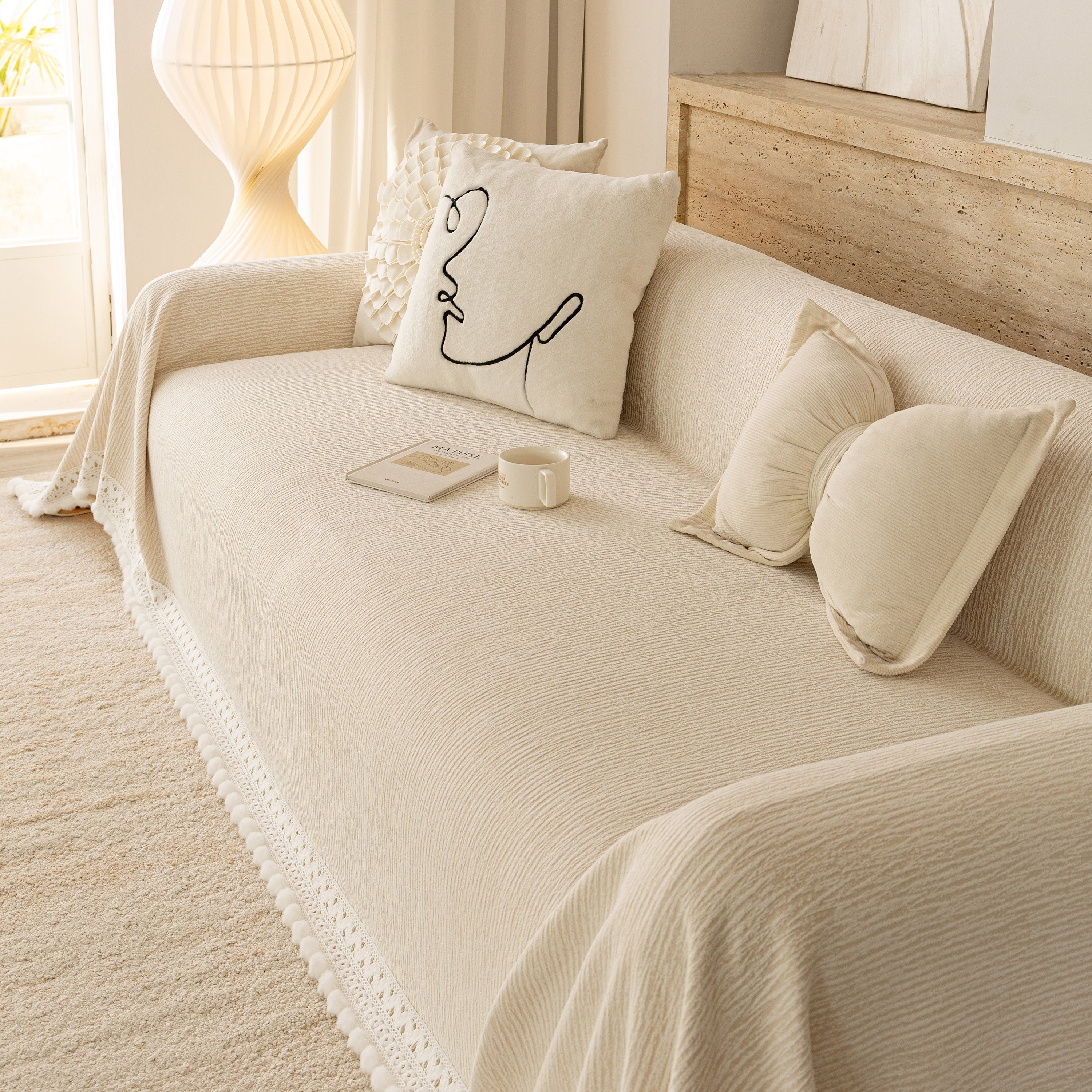 Sofa Cover Throw with Lace Trim & Pom-Pom Fringe, Decorative Couch Cover Blanket