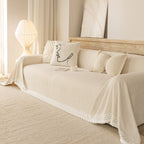 Sofa Cover Throw with Lace Trim & Pom-Pom Fringe, Decorative Couch Cover Blanket