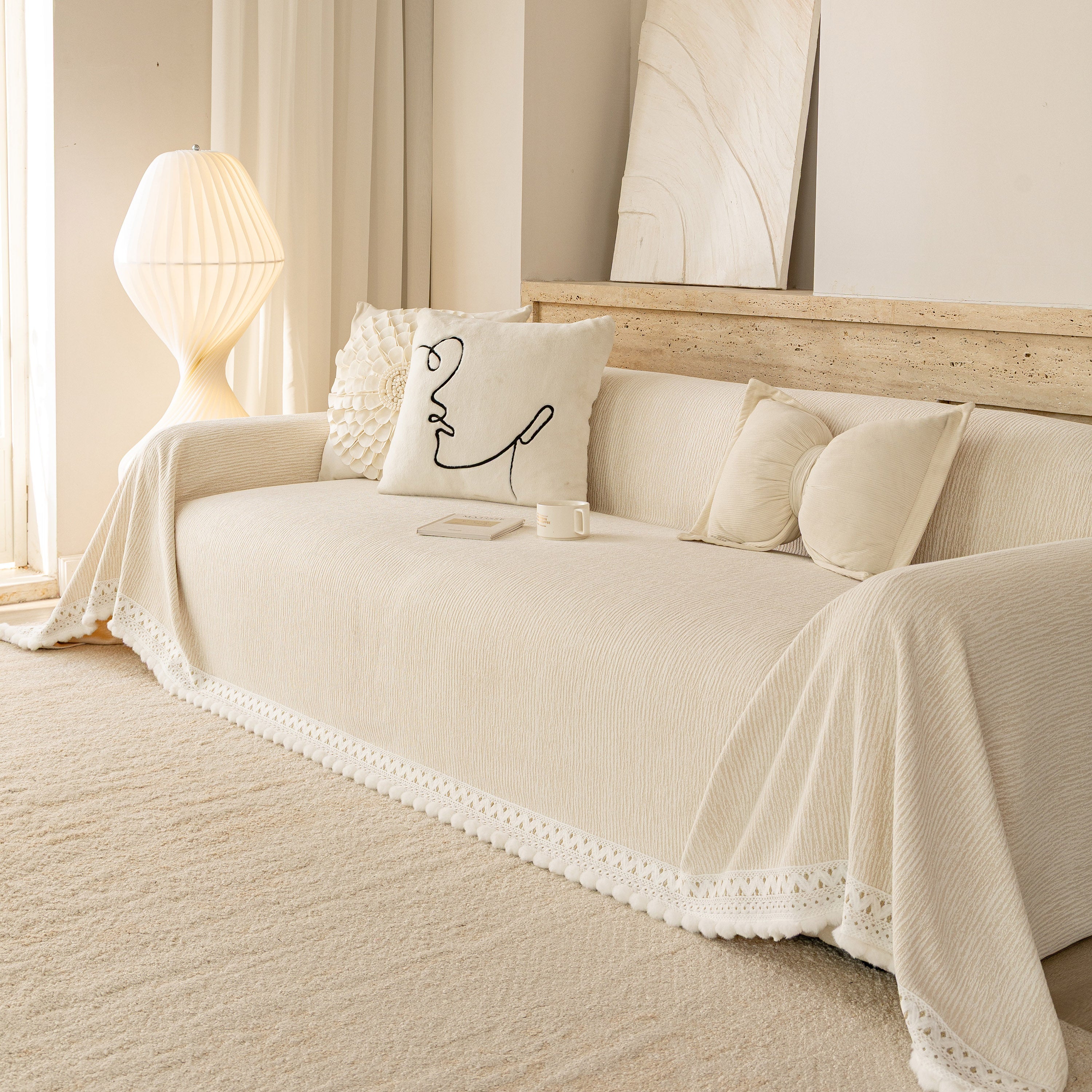 Sofa Cover Throw with Lace Trim & Pom-Pom Fringe, Decorative Couch Cover Blanket