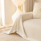 Sofa Cover Throw with Lace Trim & Pom-Pom Fringe, Decorative Couch Cover Blanket