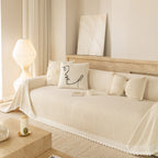 Sofa Cover Throw with Lace Trim & Pom-Pom Fringe, Decorative Couch Cover Blanket