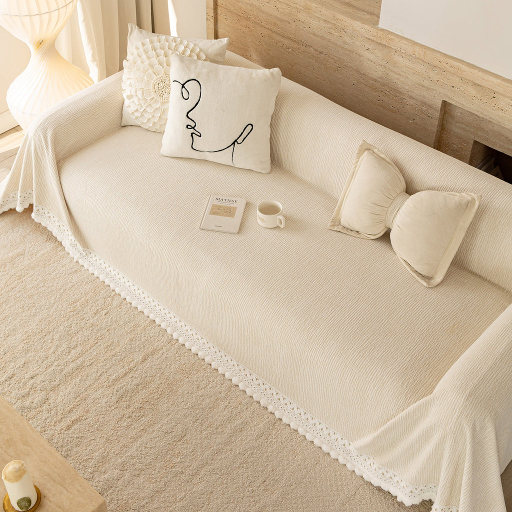 Sofa Cover Throw with Lace Trim & Pom-Pom Fringe, Decorative Couch Cover Blanket