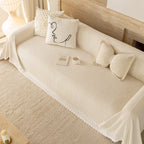 Sofa Cover Throw with Lace Trim & Pom-Pom Fringe, Decorative Couch Cover Blanket