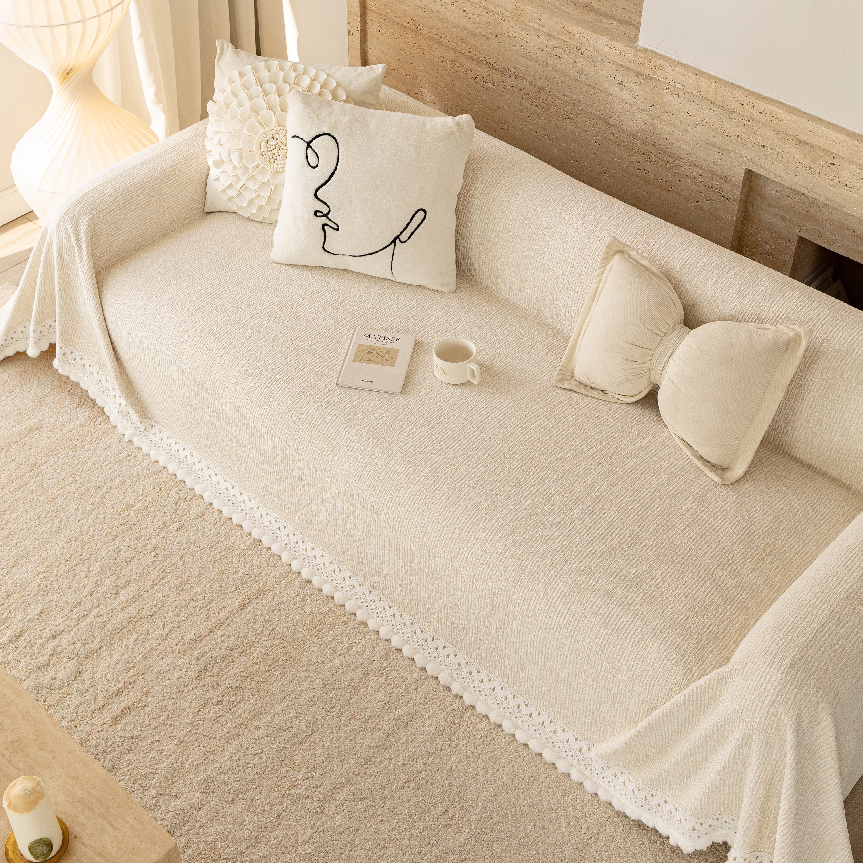 Sofa Cover Throw with Lace Trim & Pom-Pom Fringe, Decorative Couch Cover Blanket