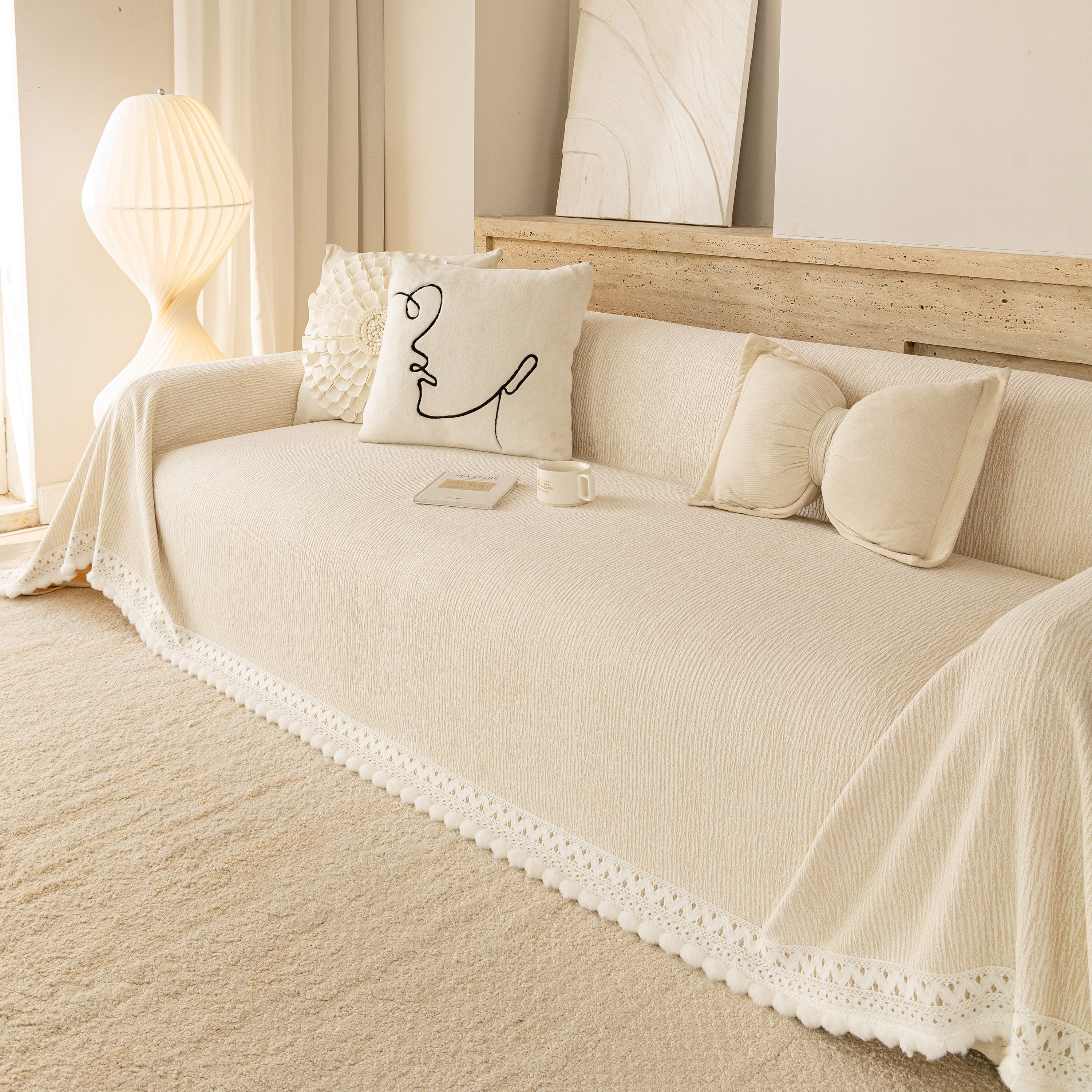 Sofa Cover Throw with Lace Trim & Pom-Pom Fringe, Decorative Couch Cover Blanket
