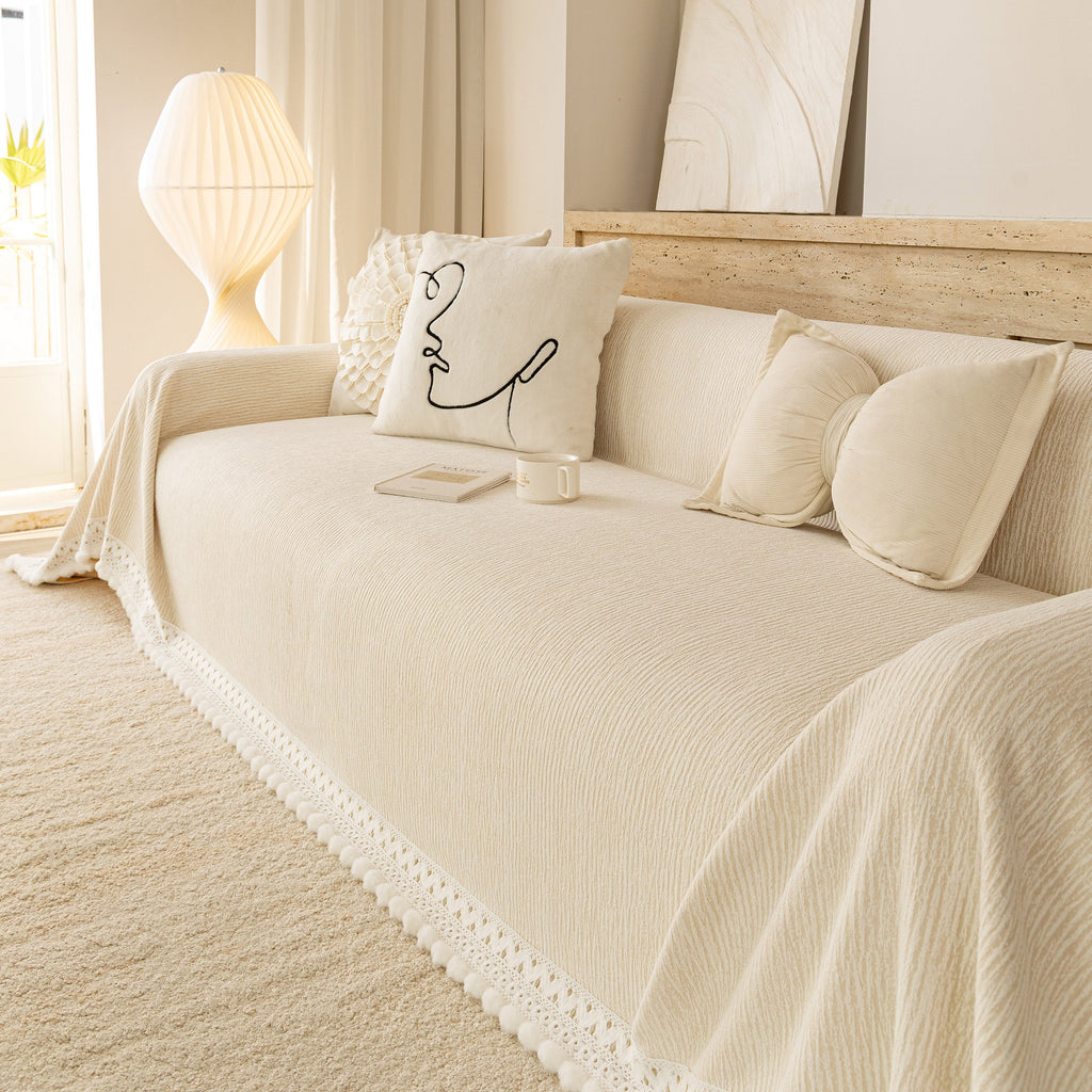Sofa Cover Throw with Lace Trim & Pom-Pom Fringe, Decorative Couch Cover Blanket