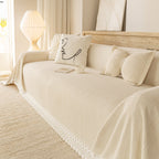 Sofa Cover Throw with Lace Trim & Pom-Pom Fringe, Decorative Couch Cover Blanket