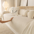 Sofa Cover Throw with Lace Trim & Pom-Pom Fringe, Decorative Couch Cover Blanket
