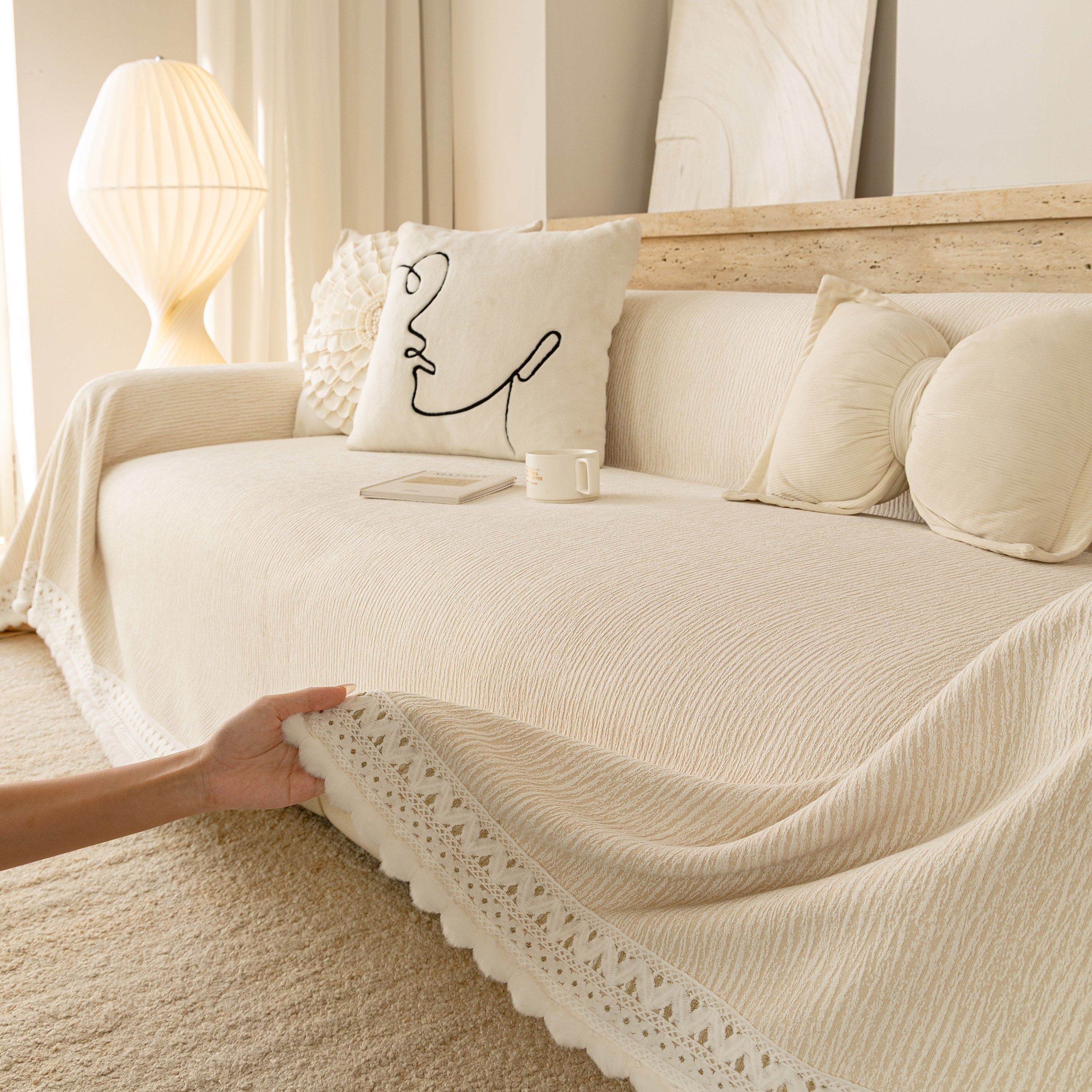 Sofa Cover Throw with Lace Trim & Pom-Pom Fringe, Decorative Couch Cover Blanket