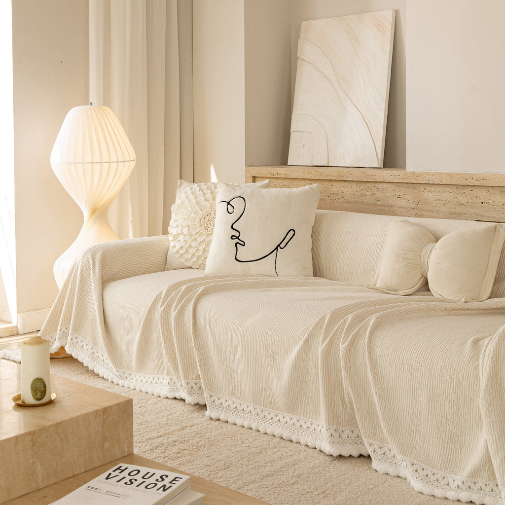 Sofa Cover Throw with Lace Trim & Pom-Pom Fringe, Decorative Couch Cover Blanket