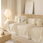 Sofa Cover Throw with Lace Trim & Pom-Pom Fringe, Decorative Couch Cover Blanket