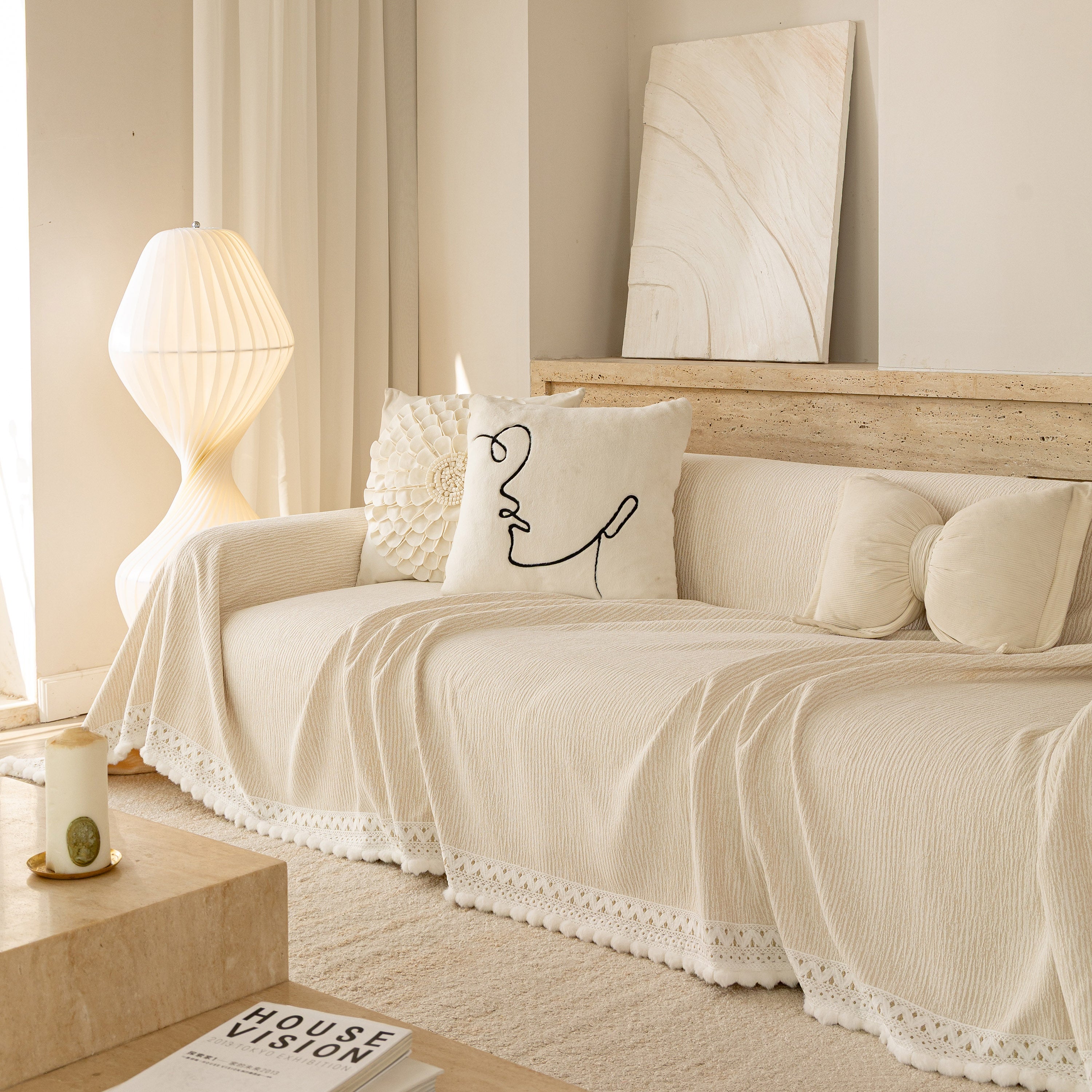 Sofa Cover Throw with Lace Trim & Pom-Pom Fringe, Decorative Couch Cover Blanket