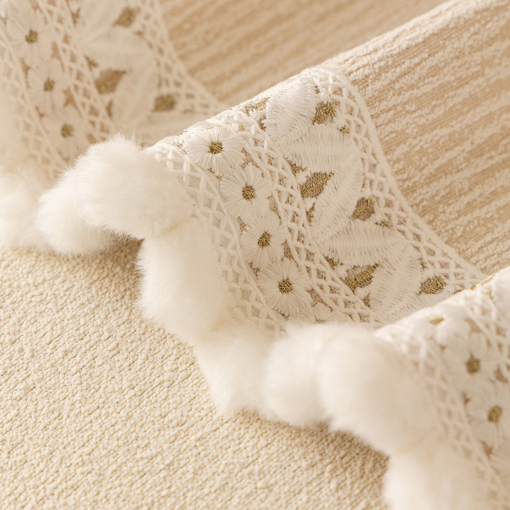 Sofa Cover Throw with Lace Trim & Pom-Pom Fringe, Decorative Couch Cover Blanket