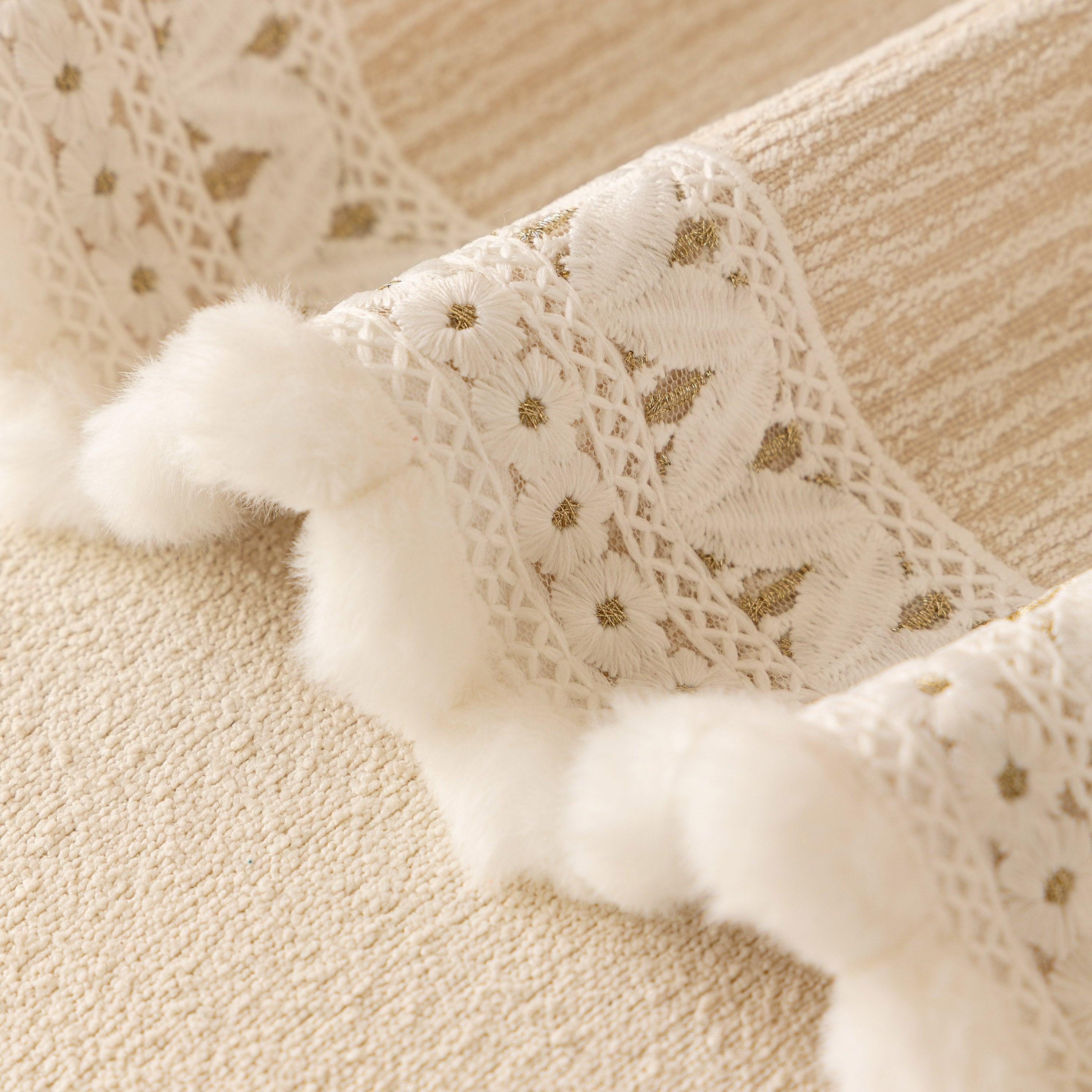 Sofa Cover Throw with Lace Trim & Pom-Pom Fringe, Decorative Couch Cover Blanket