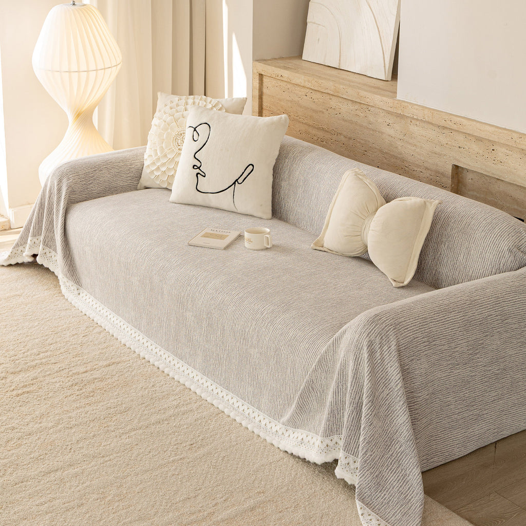 Sofa Cover Throw with Lace Trim & Pom-Pom Fringe, Decorative Couch Cover Blanket