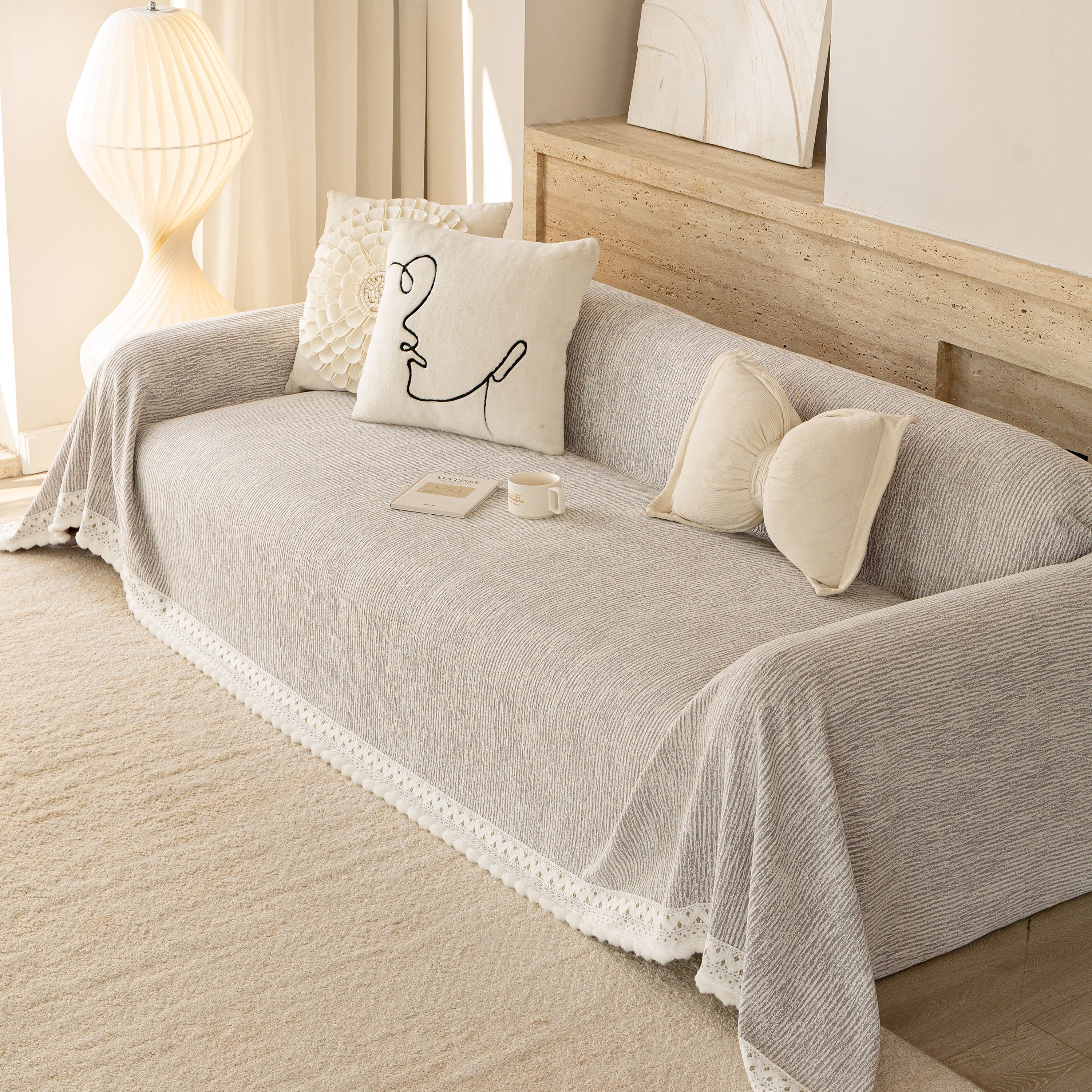 Sofa Cover Throw with Lace Trim & Pom-Pom Fringe, Decorative Couch Cover Blanket