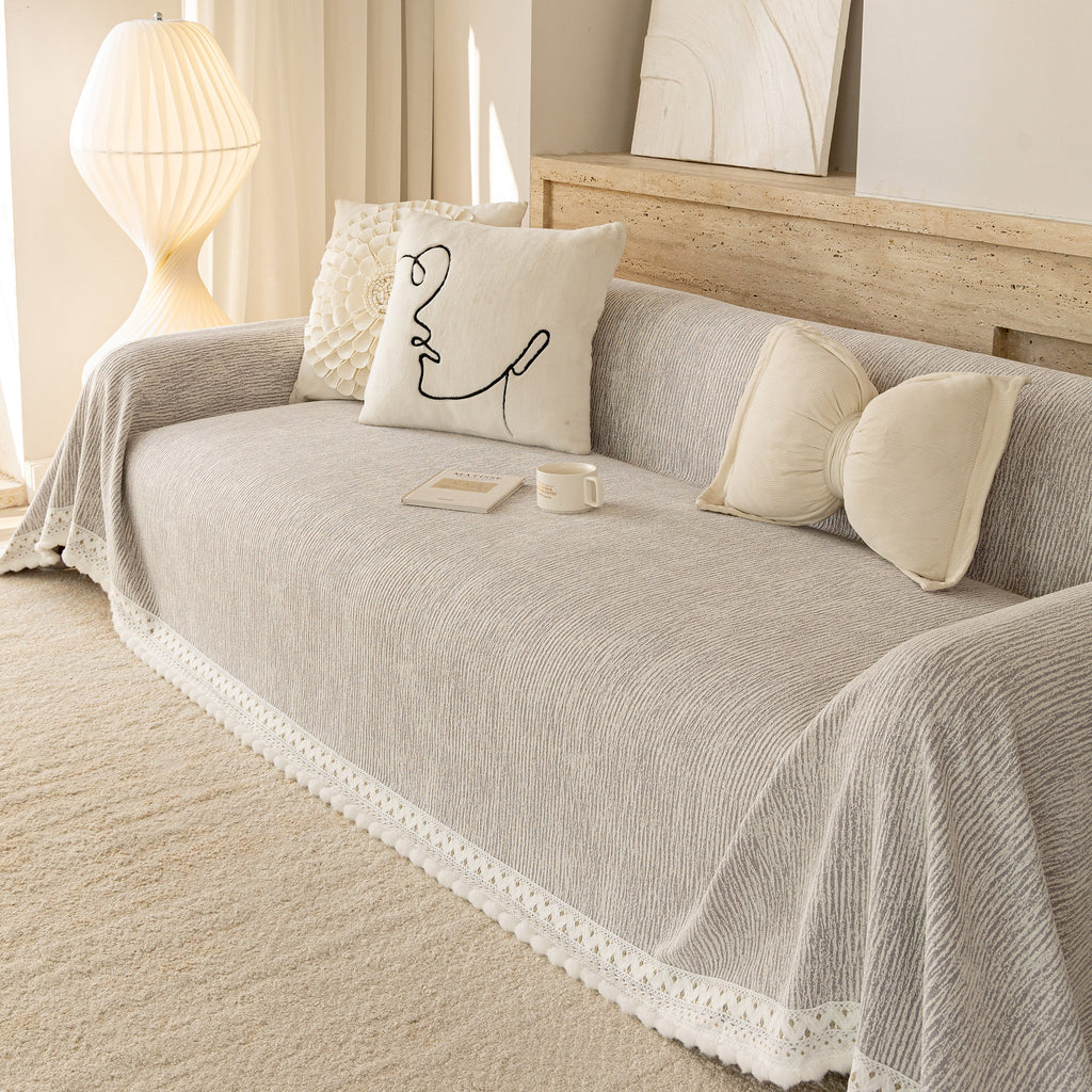 Sofa Cover Throw with Lace Trim & Pom-Pom Fringe, Decorative Couch Cover Blanket