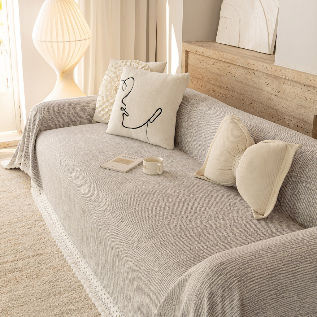 Sofa Cover Throw with Lace Trim & Pom-Pom Fringe, Decorative Couch Cover Blanket
