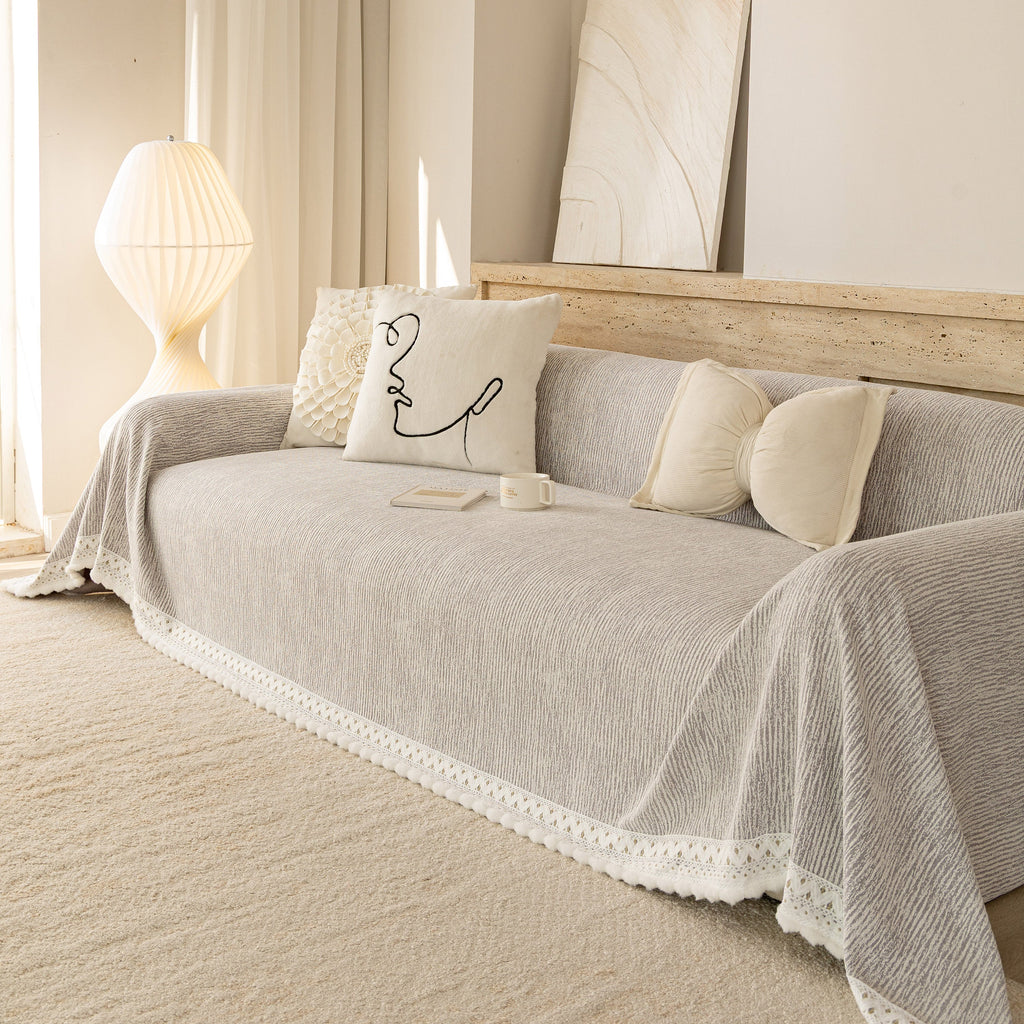 Sofa Cover Throw with Lace Trim & Pom-Pom Fringe, Decorative Couch Cover Blanket