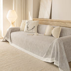 Sofa Cover Throw with Lace Trim & Pom-Pom Fringe, Decorative Couch Cover Blanket