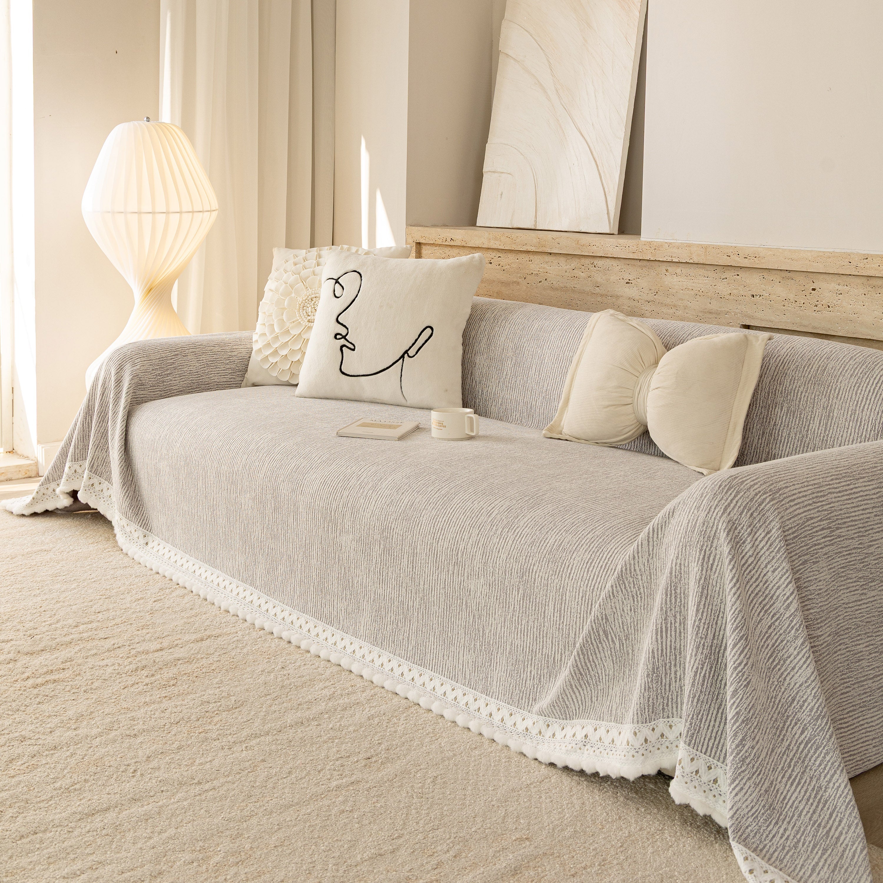 Sofa Cover Throw with Lace Trim & Pom-Pom Fringe, Decorative Couch Cover Blanket