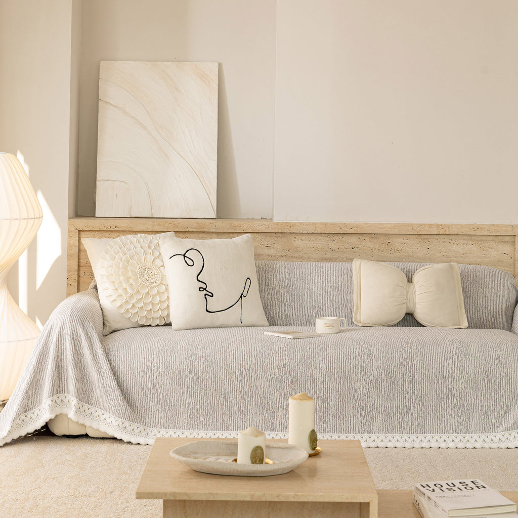 Sofa Cover Throw with Lace Trim & Pom-Pom Fringe, Decorative Couch Cover Blanket
