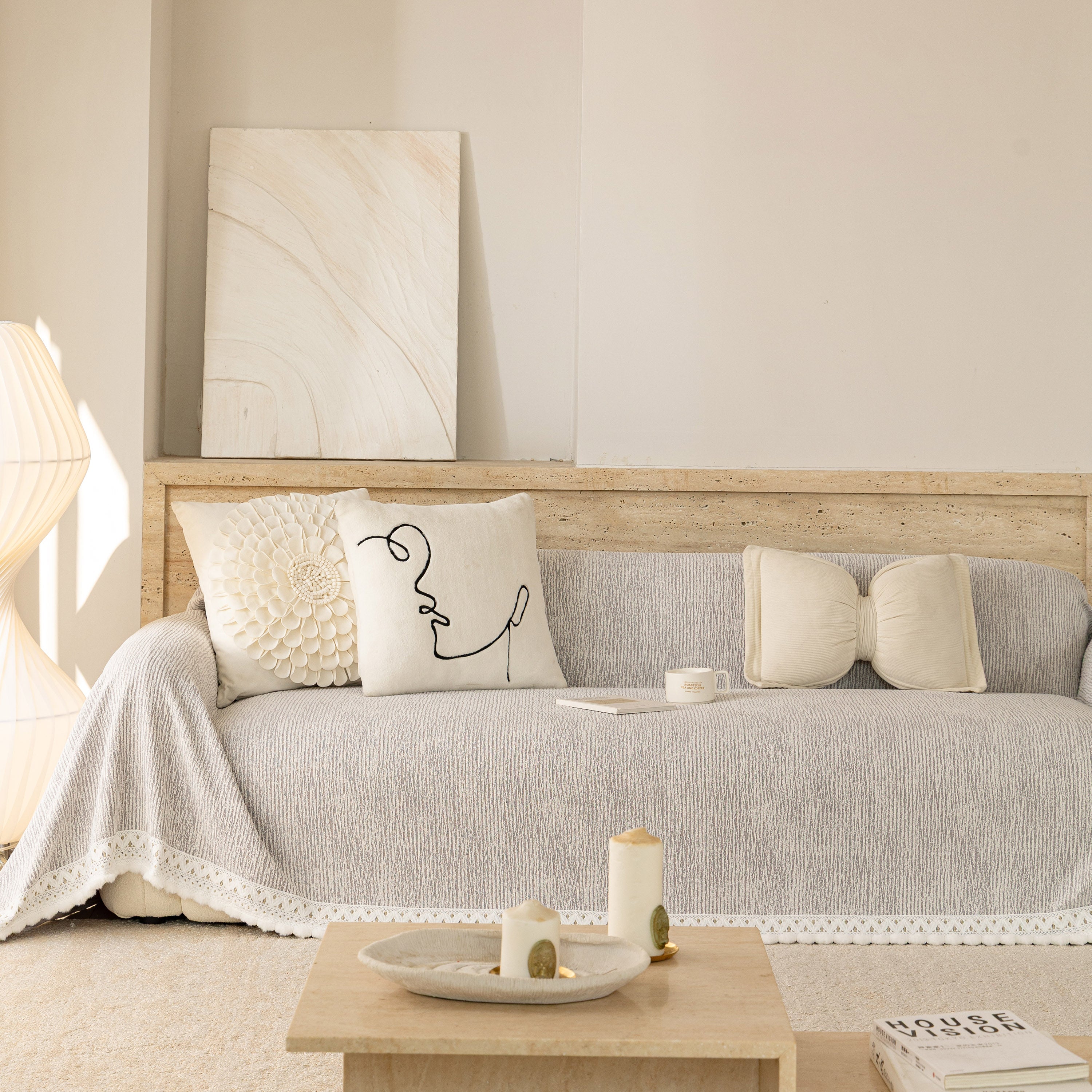 Sofa Cover Throw with Lace Trim & Pom-Pom Fringe, Decorative Couch Cover Blanket