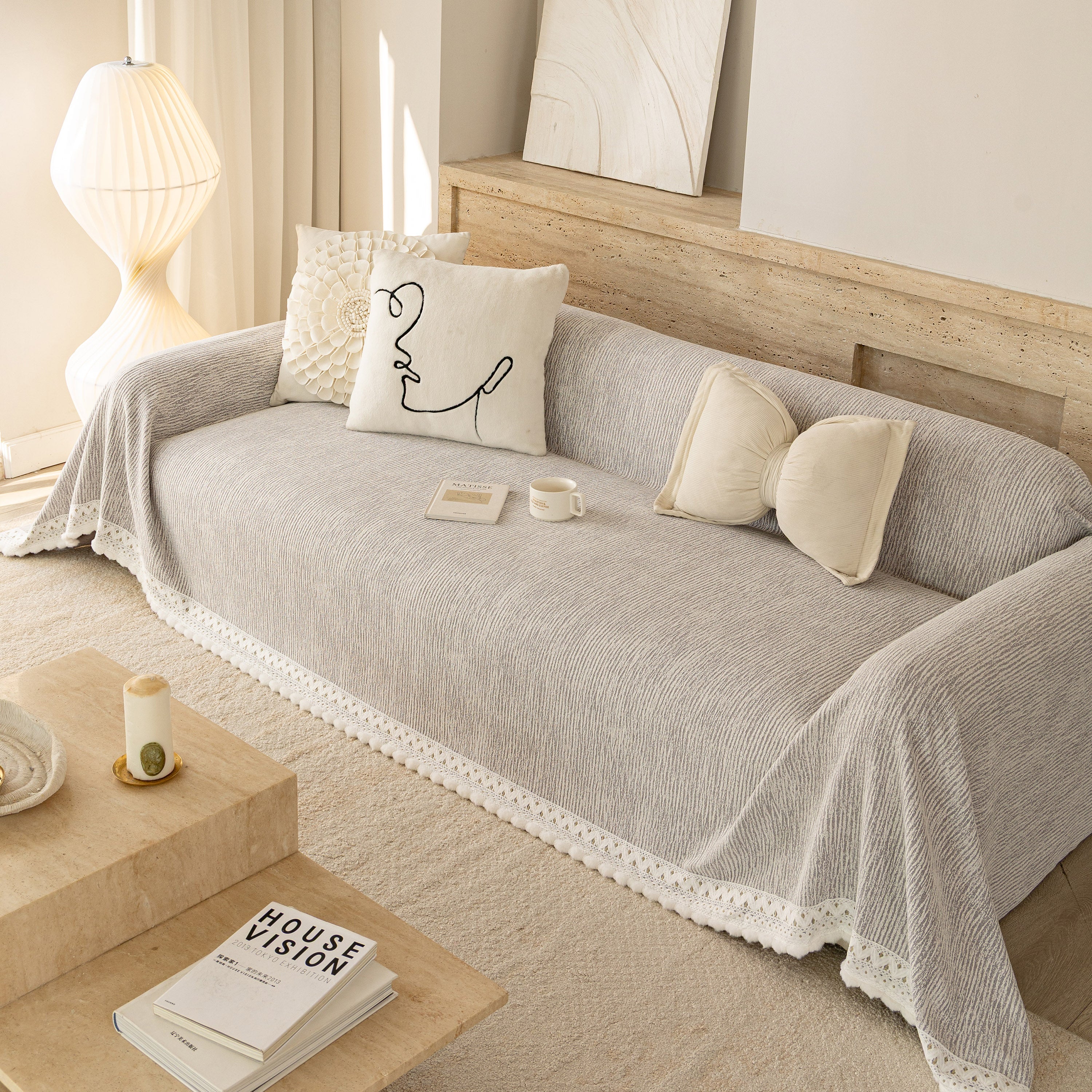 Sofa Cover Throw with Lace Trim & Pom-Pom Fringe, Decorative Couch Cover Blanket