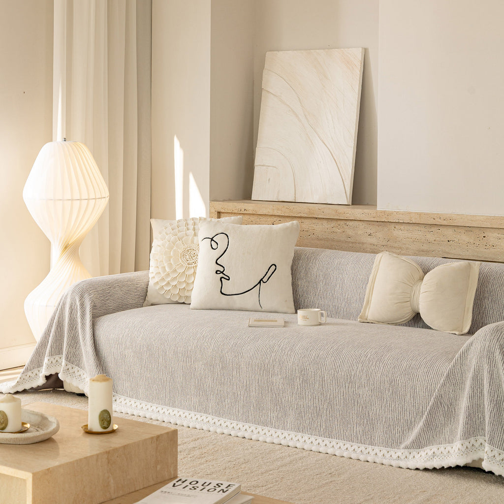 Sofa Cover Throw with Lace Trim & Pom-Pom Fringe, Decorative Couch Cover Blanket