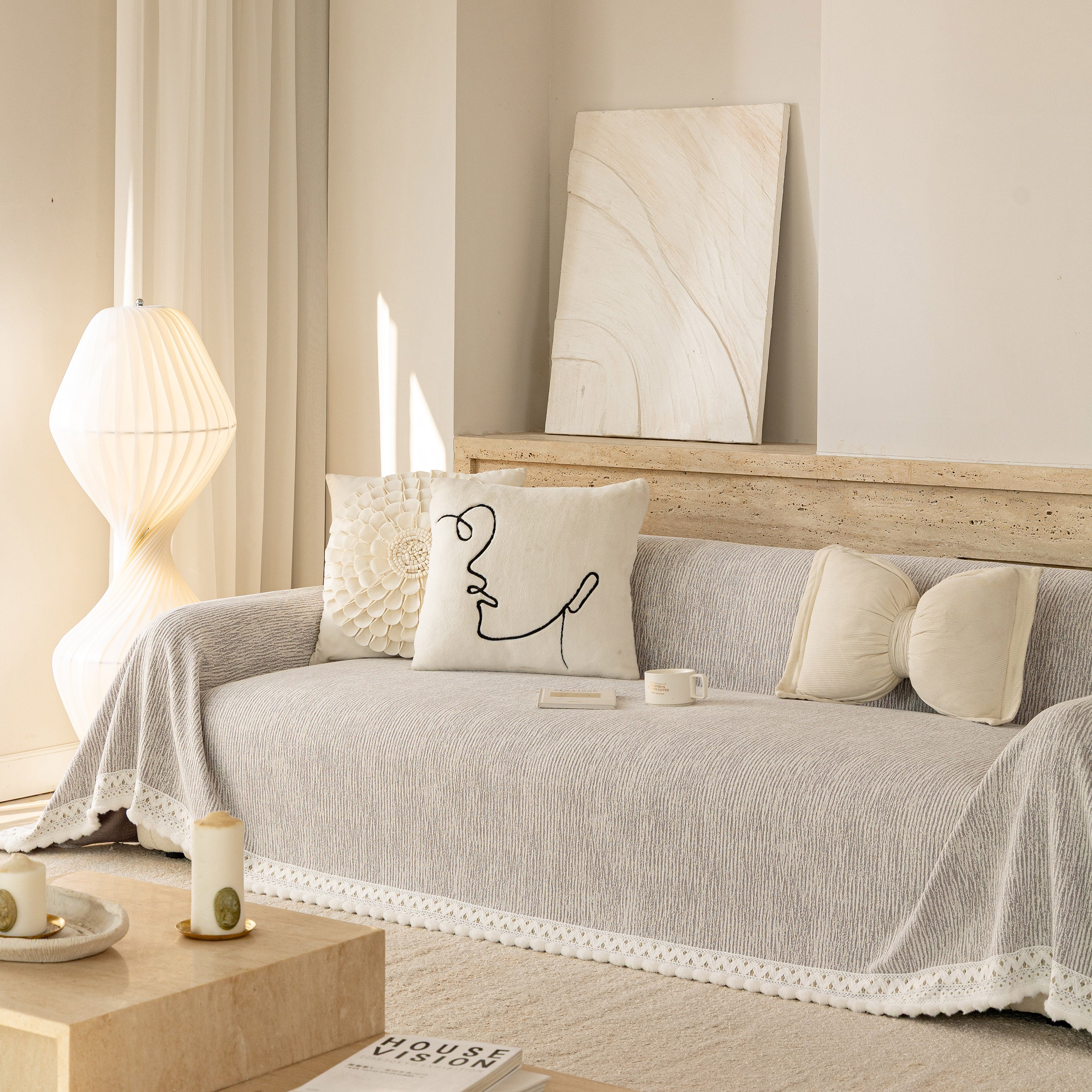 Sofa Cover Throw with Lace Trim & Pom-Pom Fringe, Decorative Couch Cover Blanket
