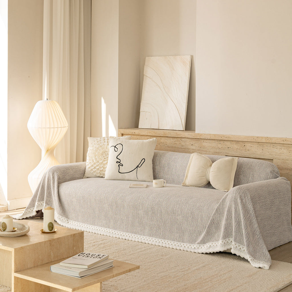 Sofa Cover Throw with Lace Trim & Pom-Pom Fringe, Decorative Couch Cover Blanket