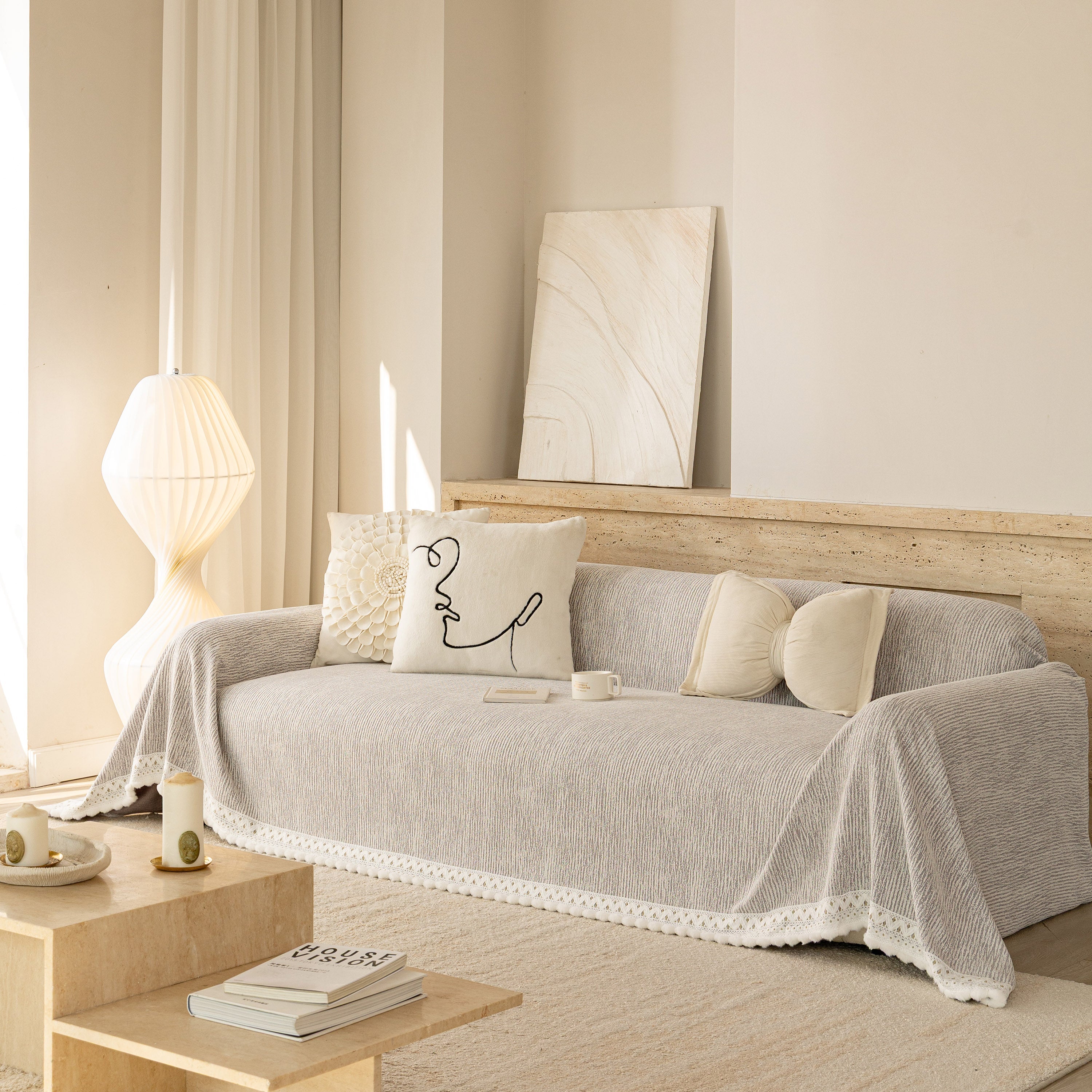Sofa Cover Throw with Lace Trim & Pom-Pom Fringe, Decorative Couch Cover Blanket