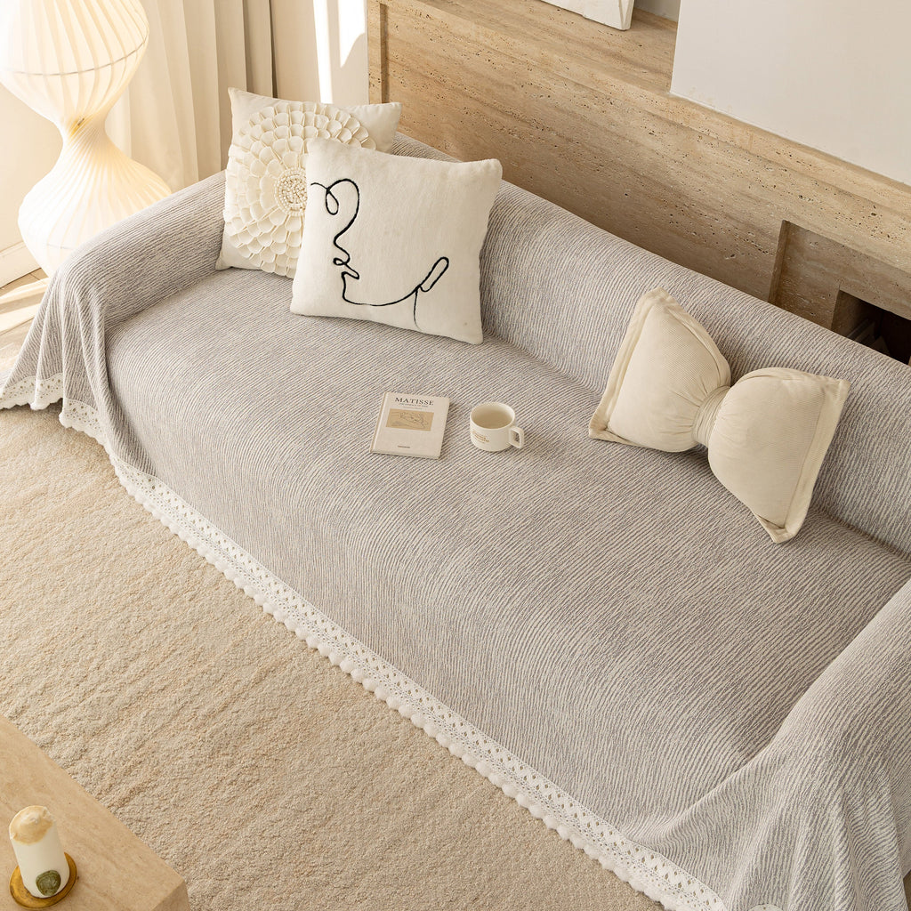 Sofa Cover Throw with Lace Trim & Pom-Pom Fringe, Decorative Couch Cover Blanket