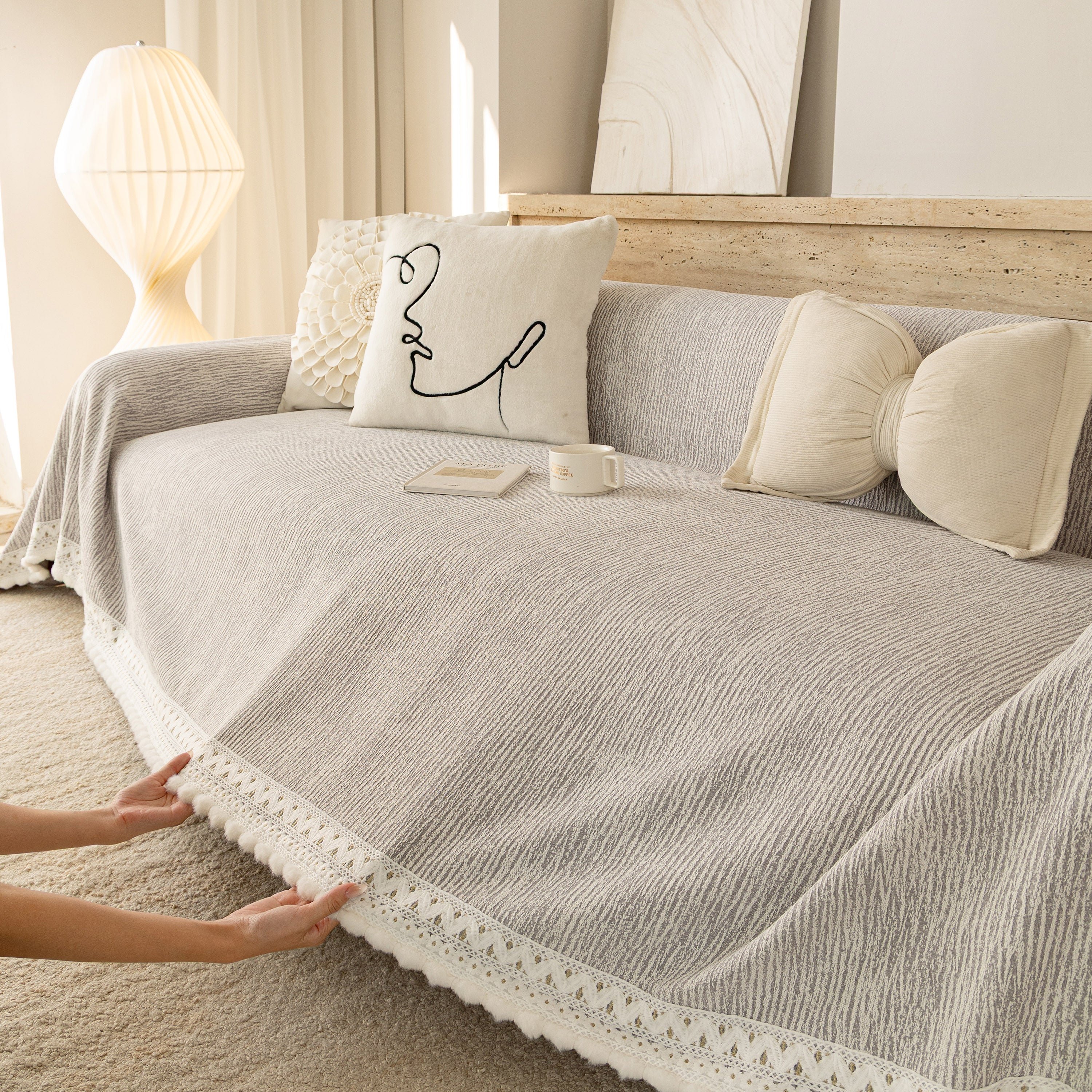 Sofa Cover Throw with Lace Trim & Pom-Pom Fringe, Decorative Couch Cover Blanket