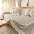 Sofa Cover Throw with Lace Trim & Pom-Pom Fringe, Decorative Couch Cover Blanket