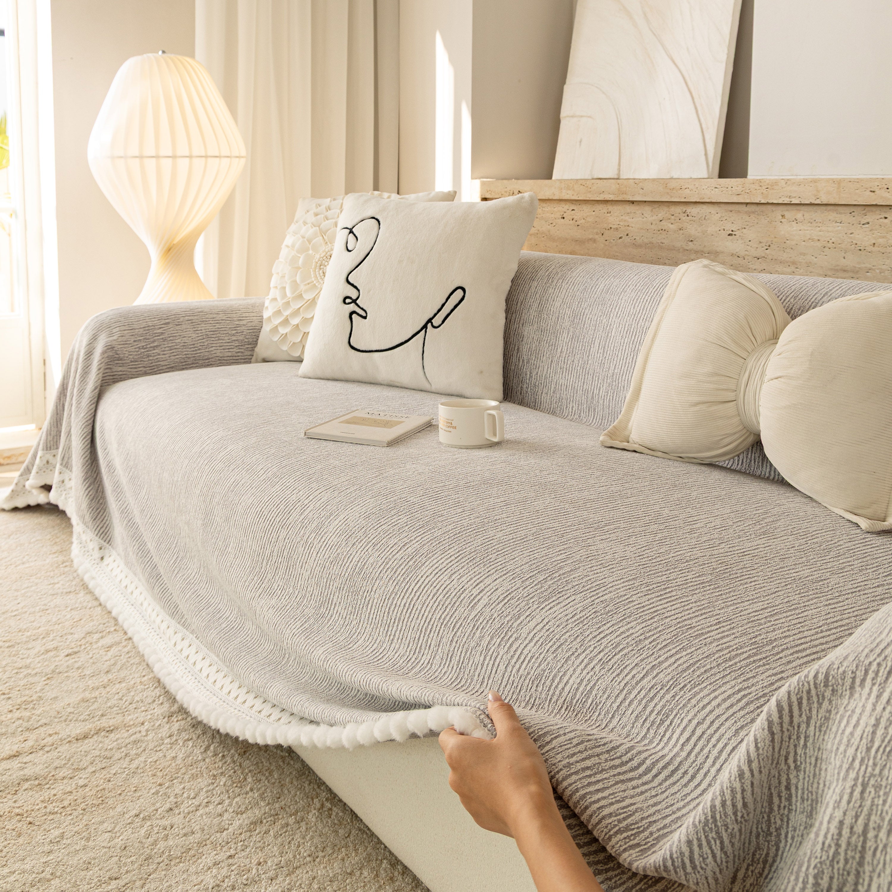 Sofa Cover Throw with Lace Trim & Pom-Pom Fringe, Decorative Couch Cover Blanket