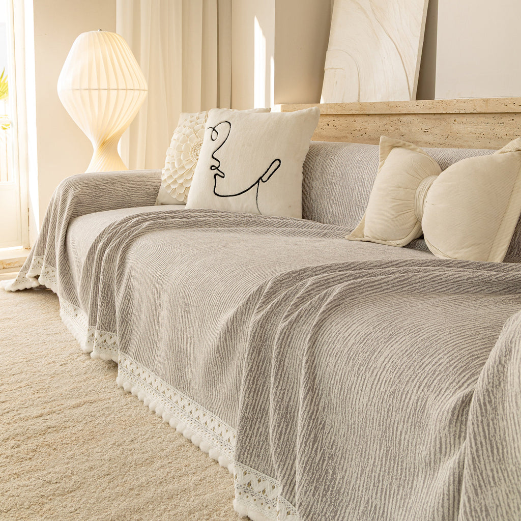 Sofa Cover Throw with Lace Trim & Pom-Pom Fringe, Decorative Couch Cover Blanket