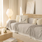 Sofa Cover Throw with Lace Trim & Pom-Pom Fringe, Decorative Couch Cover Blanket