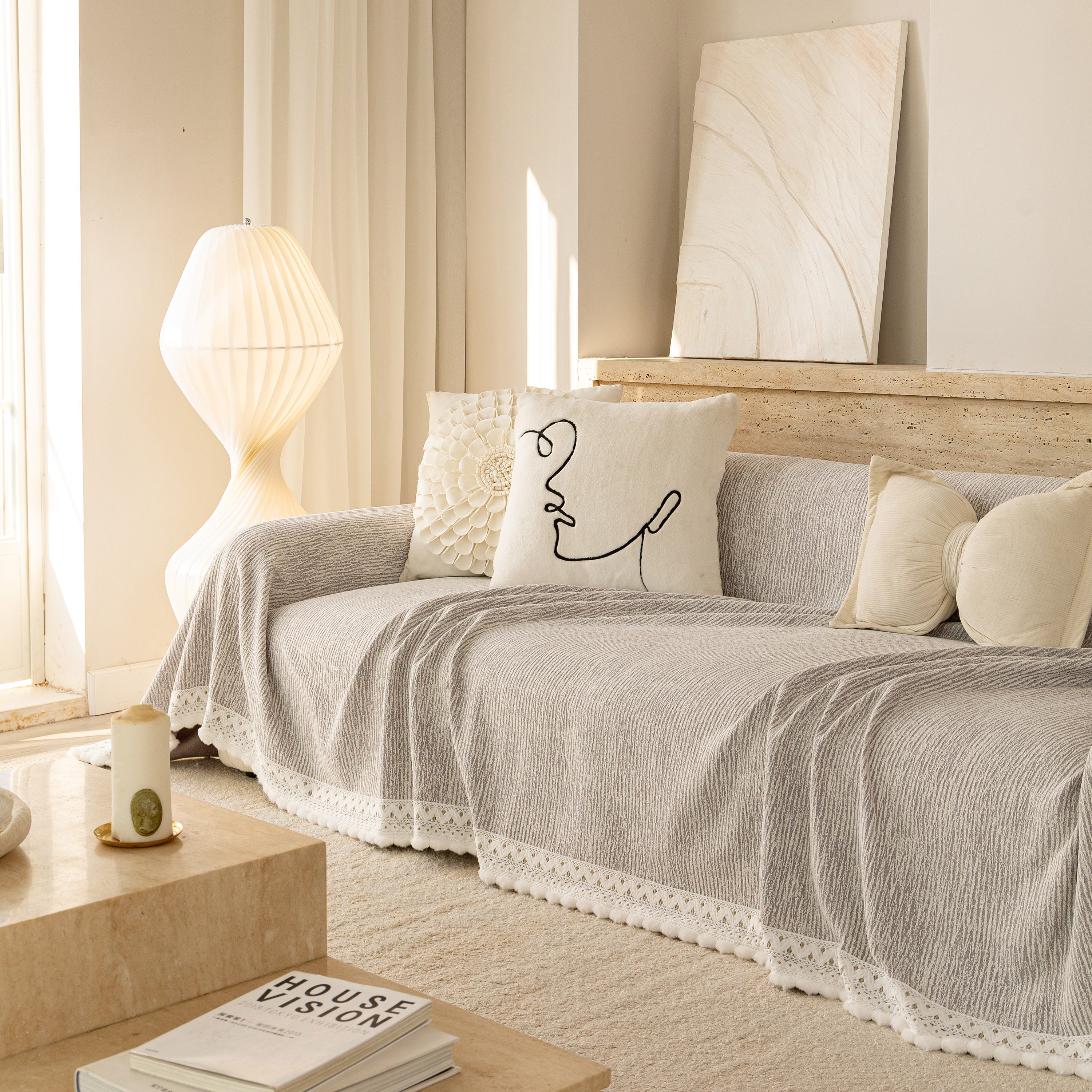 Sofa Cover Throw with Lace Trim & Pom-Pom Fringe, Decorative Couch Cover Blanket
