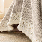 Sofa Cover Throw with Lace Trim & Pom-Pom Fringe, Decorative Couch Cover Blanket