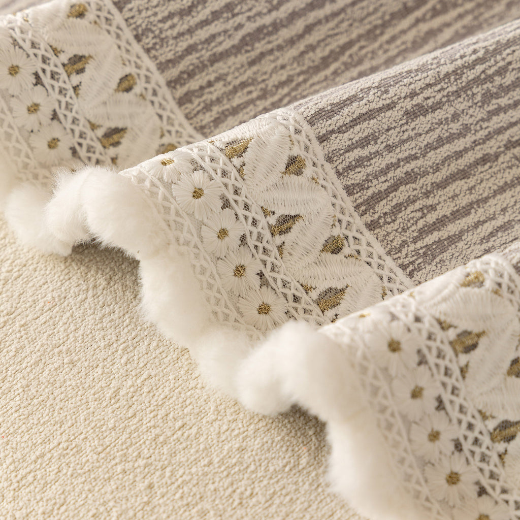 Sofa Cover Throw with Lace Trim & Pom-Pom Fringe, Decorative Couch Cover Blanket
