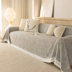 Sofa Cover Throw with Lace Trim & Pom-Pom Fringe, Decorative Couch Cover Blanket