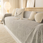 Sofa Cover Throw with Lace Trim & Pom-Pom Fringe, Decorative Couch Cover Blanket