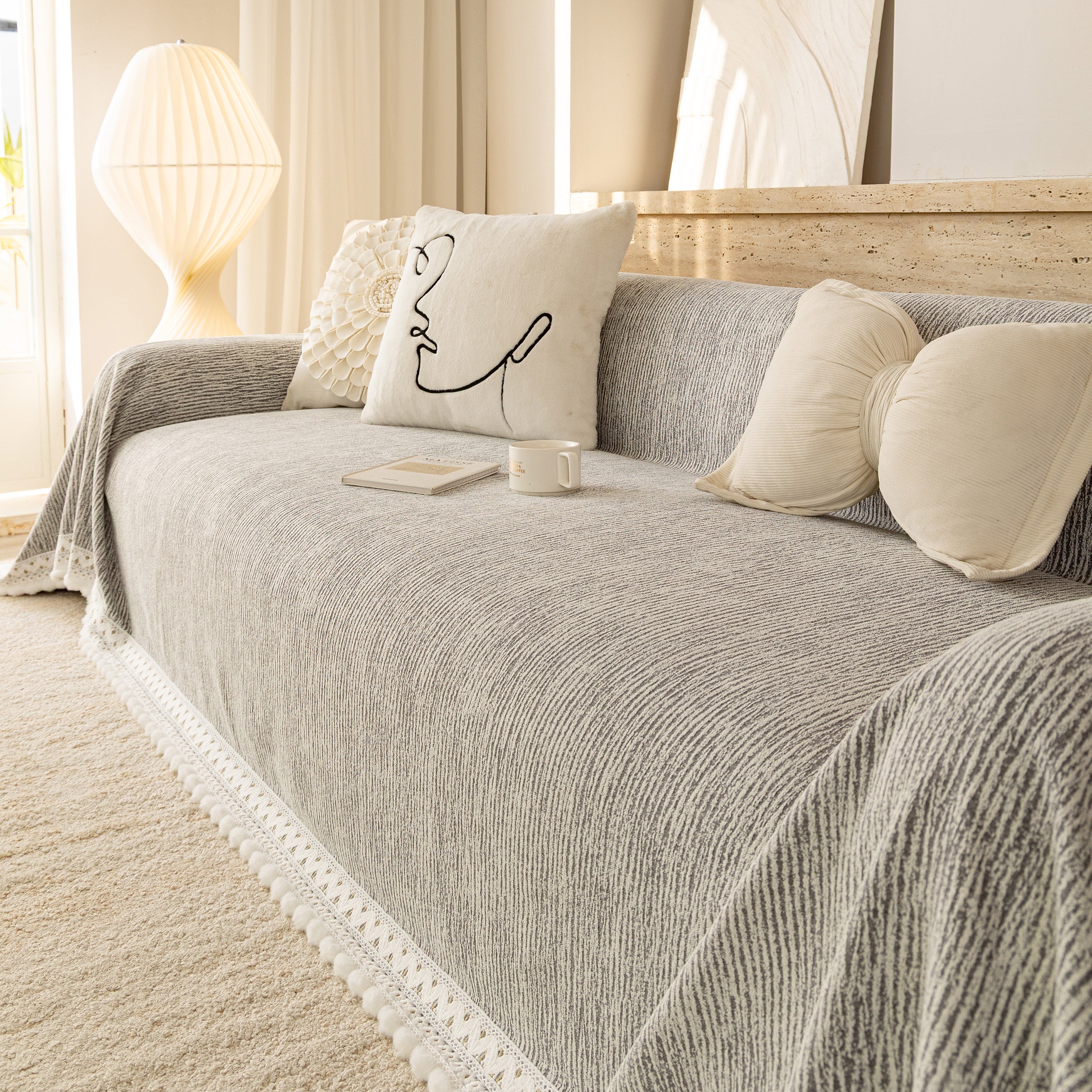 Sofa Cover Throw with Lace Trim & Pom-Pom Fringe, Decorative Couch Cover Blanket