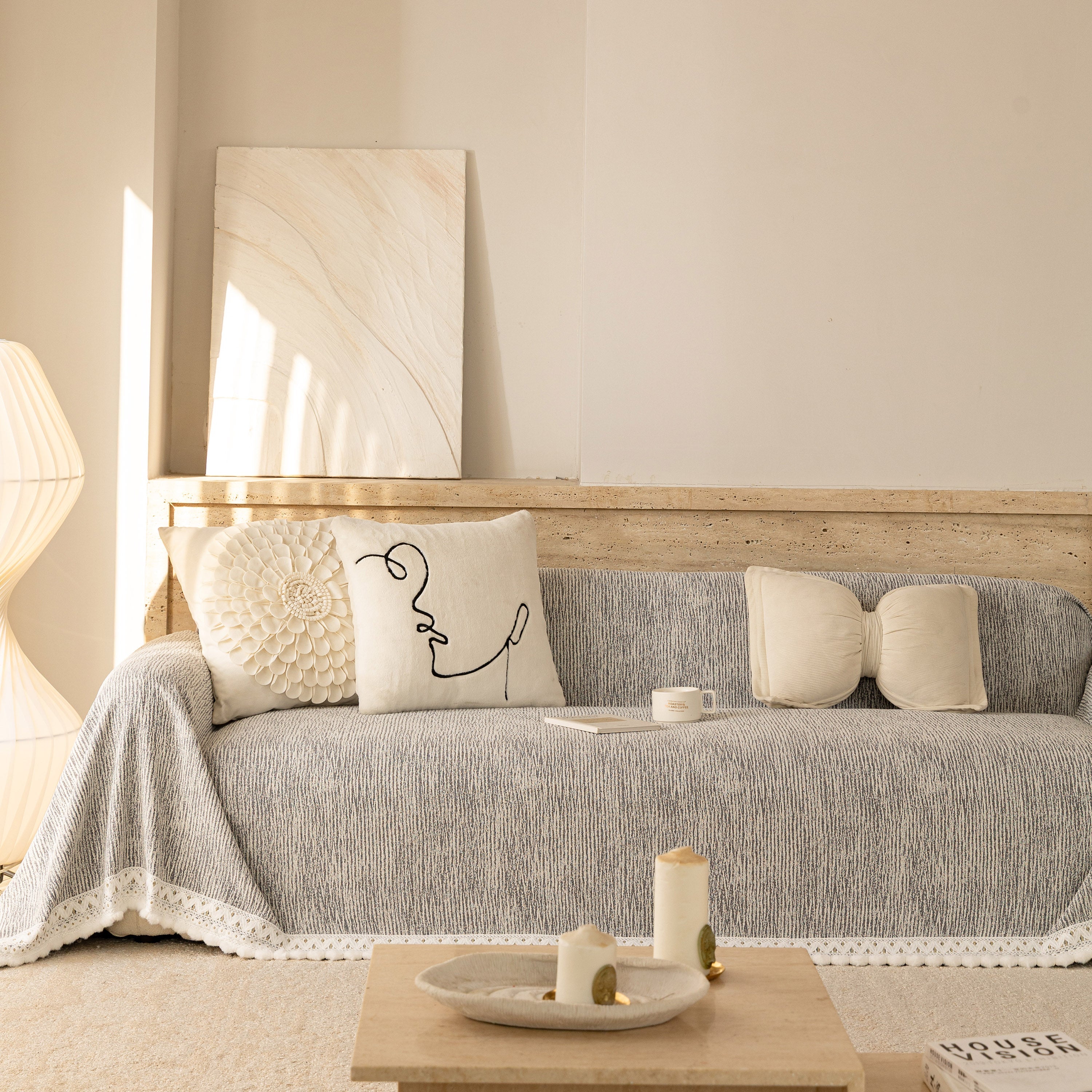 Sofa Cover Throw with Lace Trim & Pom-Pom Fringe, Decorative Couch Cover Blanket